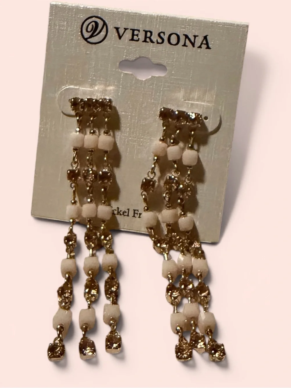 Versona Gold-tone Long Dangle Earrings with Cream Beads and Rhinestones